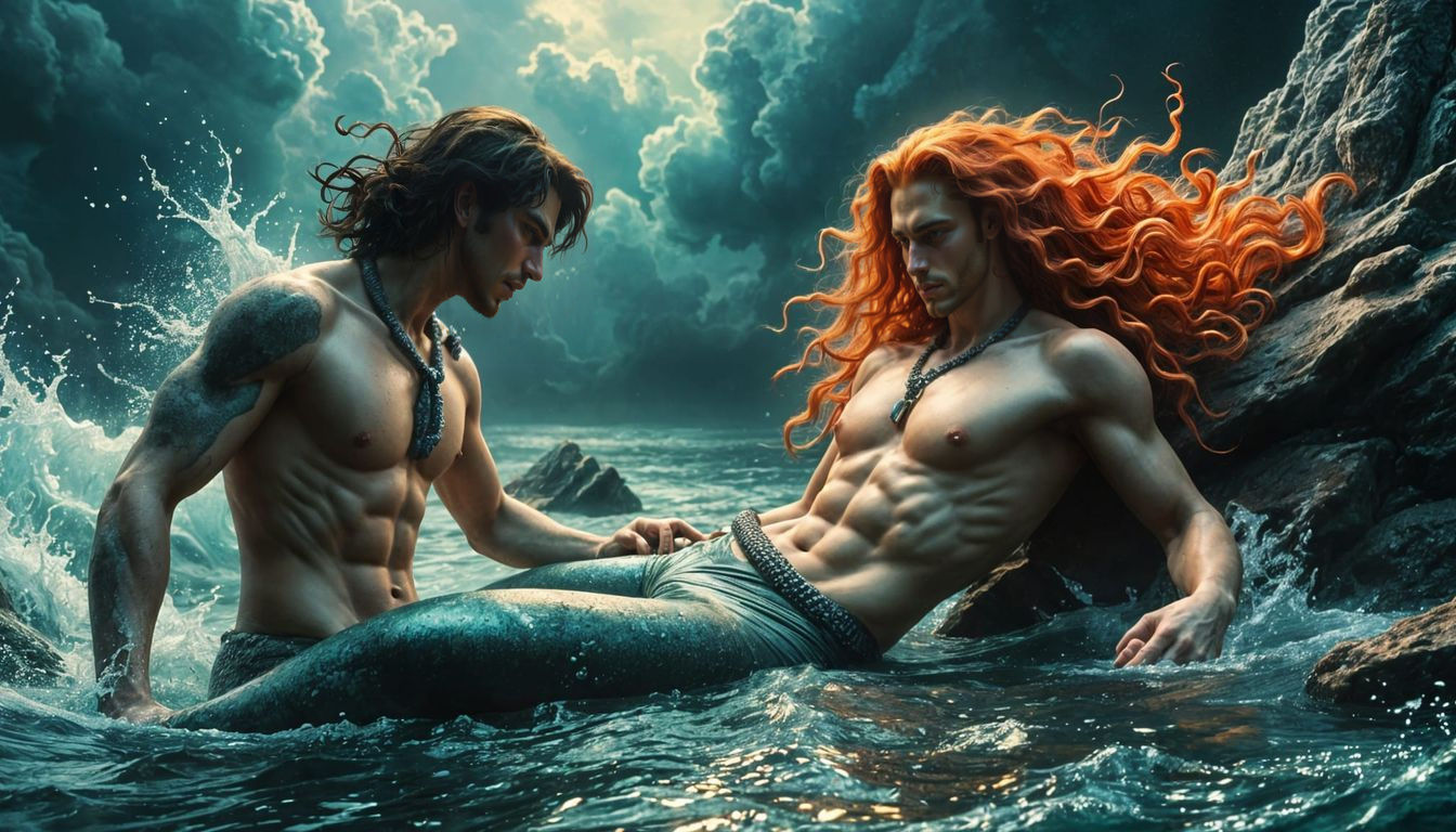 Dark Fantasy Merman Enchants Sailor in Turbulent Waters