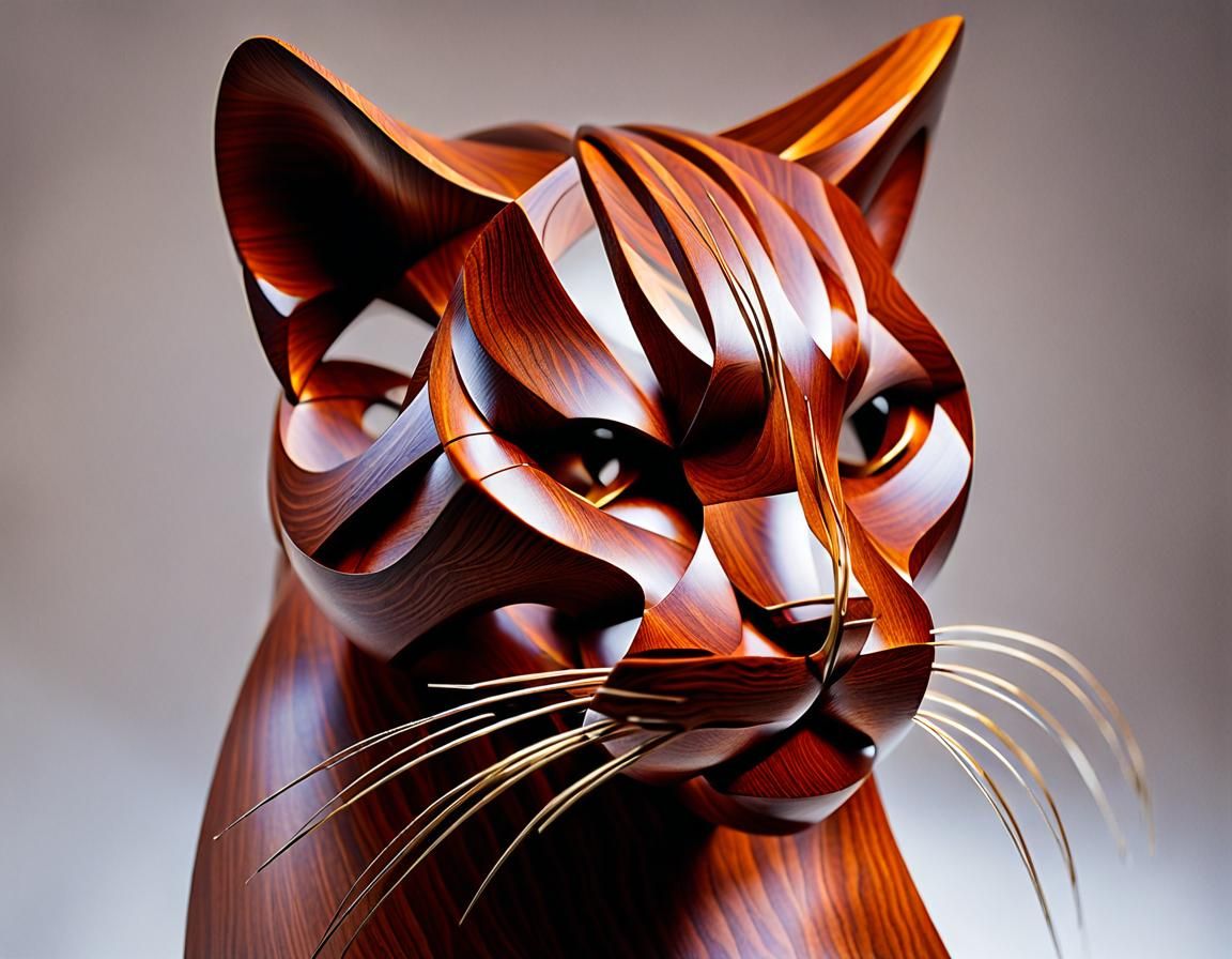 Abstract Mobius Cat Sculpture in Mahogany and Rosewood