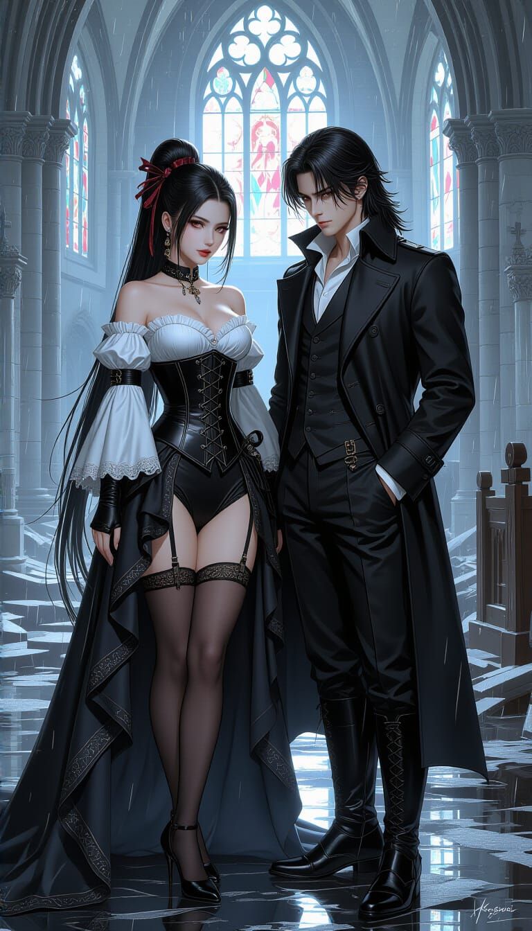 Gothic Maid and Companion in Rainy Ruins