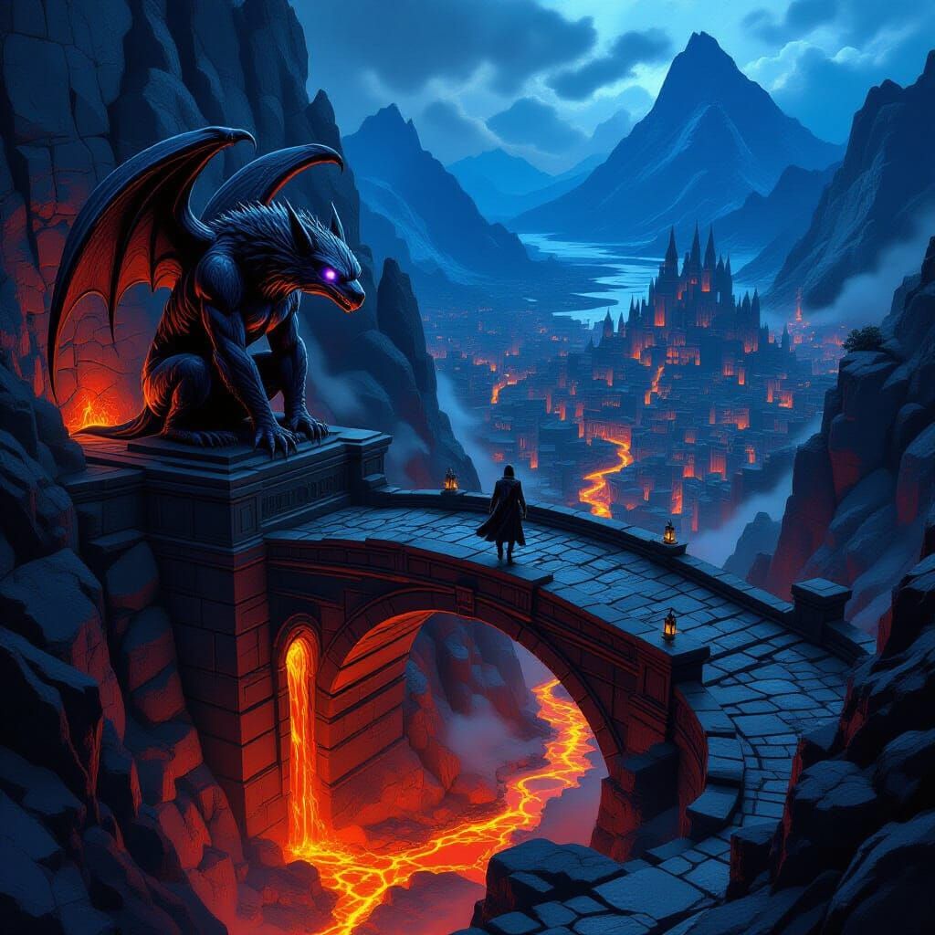 Dark Fantasy Adventurer on Lava Bridge