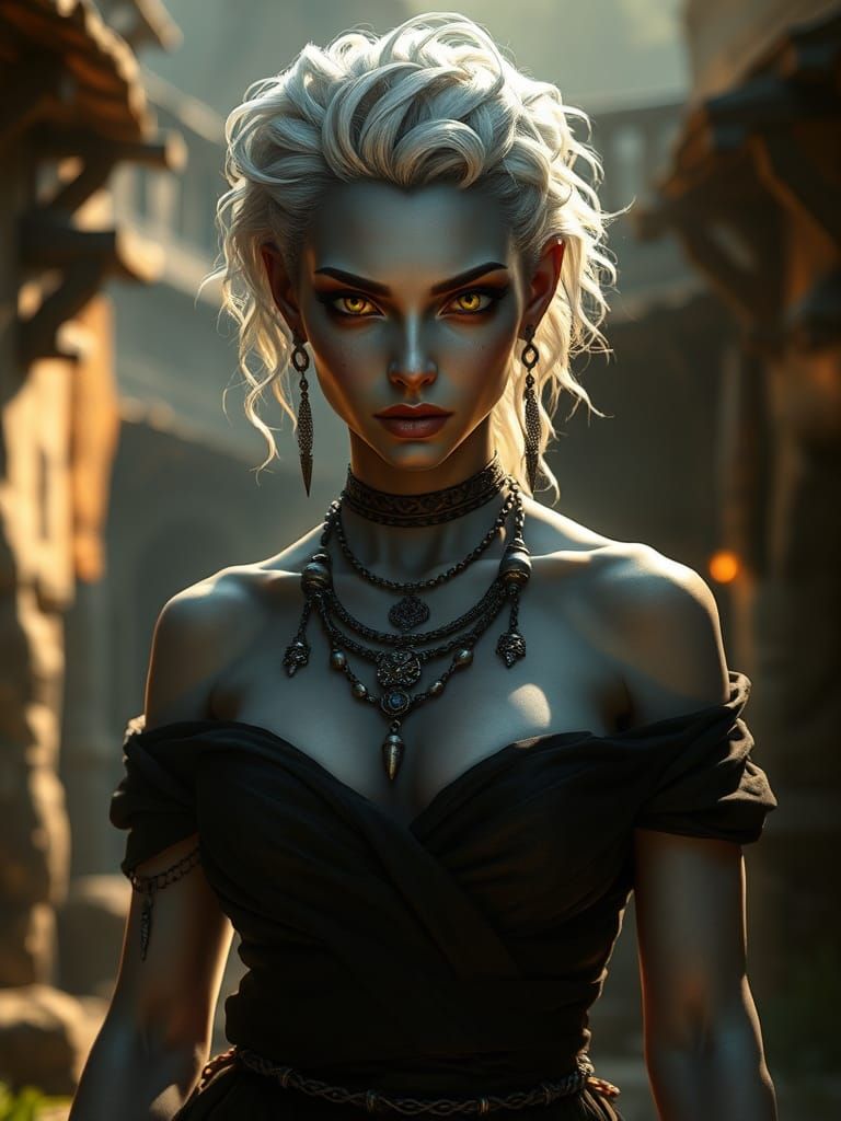 Mystical Drow Woman in Ancient Village
