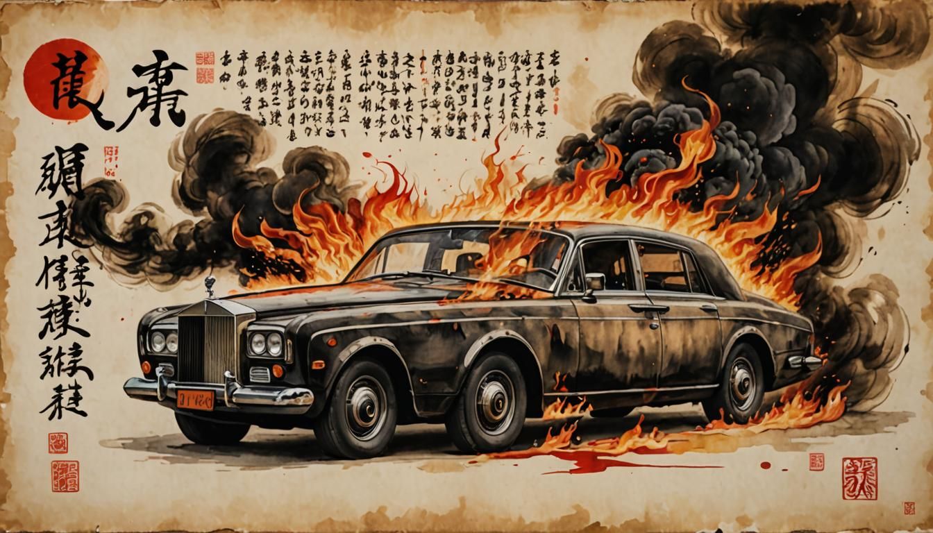 Burning Rolls Royce in Calligraphic Chinese Style