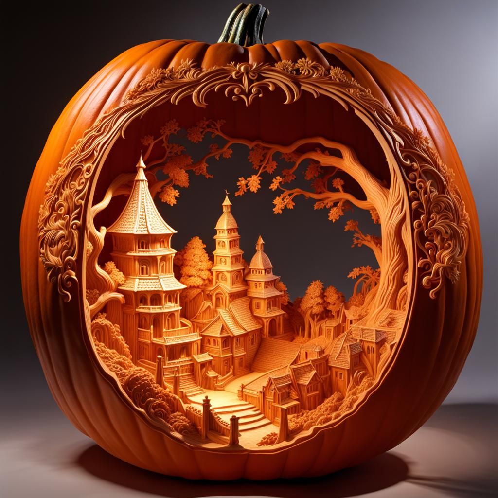 Intricate 3D Pumpkin Carving of a Hellscape