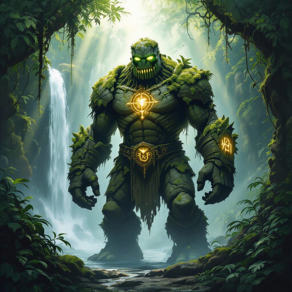 Mossy Stone Golem Guards Hidden Waterfall in Dark Fantasy St...
