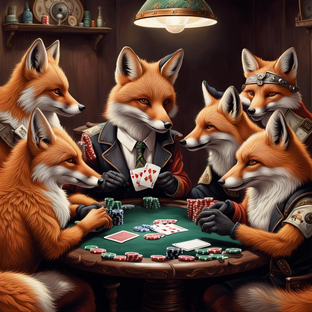 Detailed Foxes Playing Poker Game