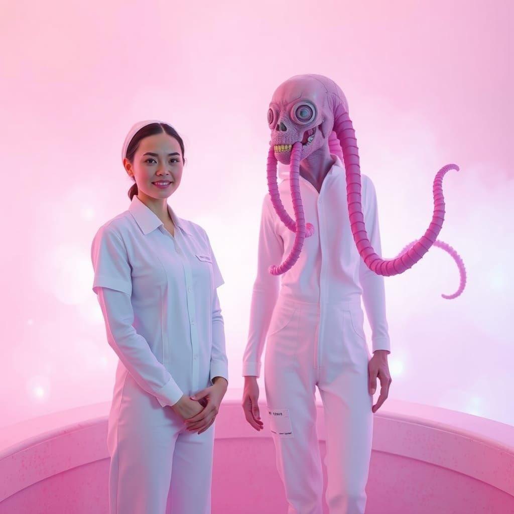Surreal Spa Scene with Tentacled Creature