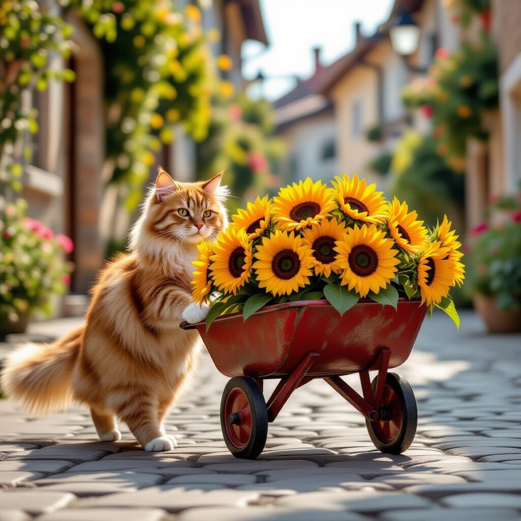 Fluffy Cat Pushes Wheelbarrow of Sunflowers Realistically