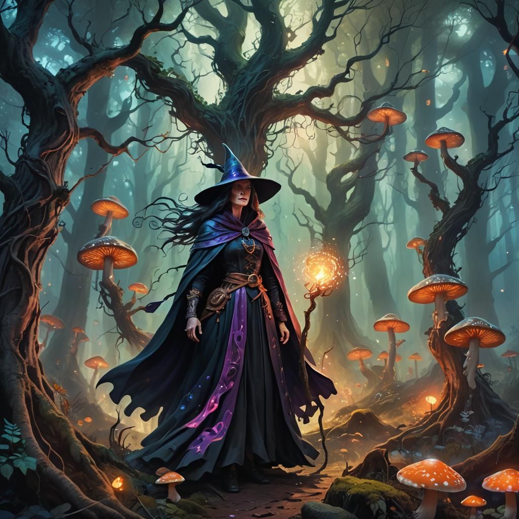 Mystical Witch in Enchanted Forest, Digital Art
