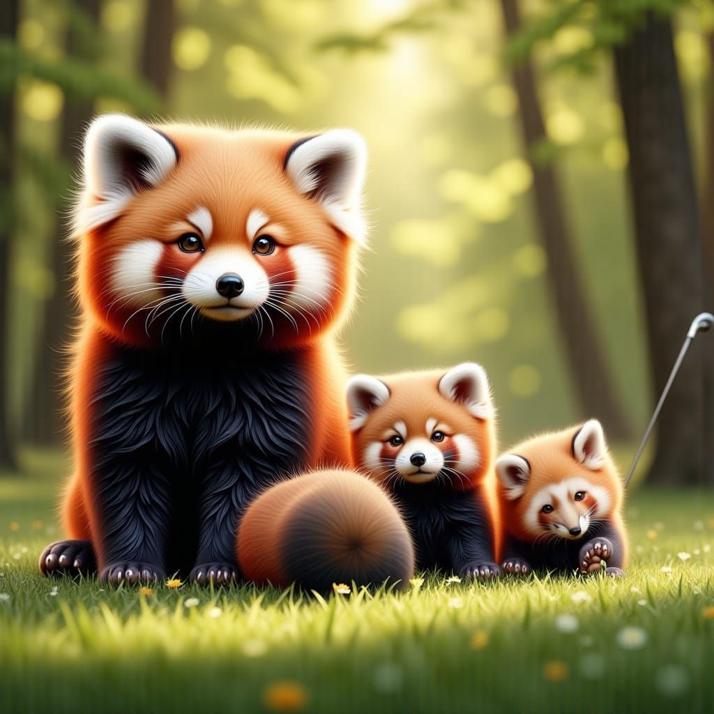 Red Panda Family Golfing in Bamboo Forest