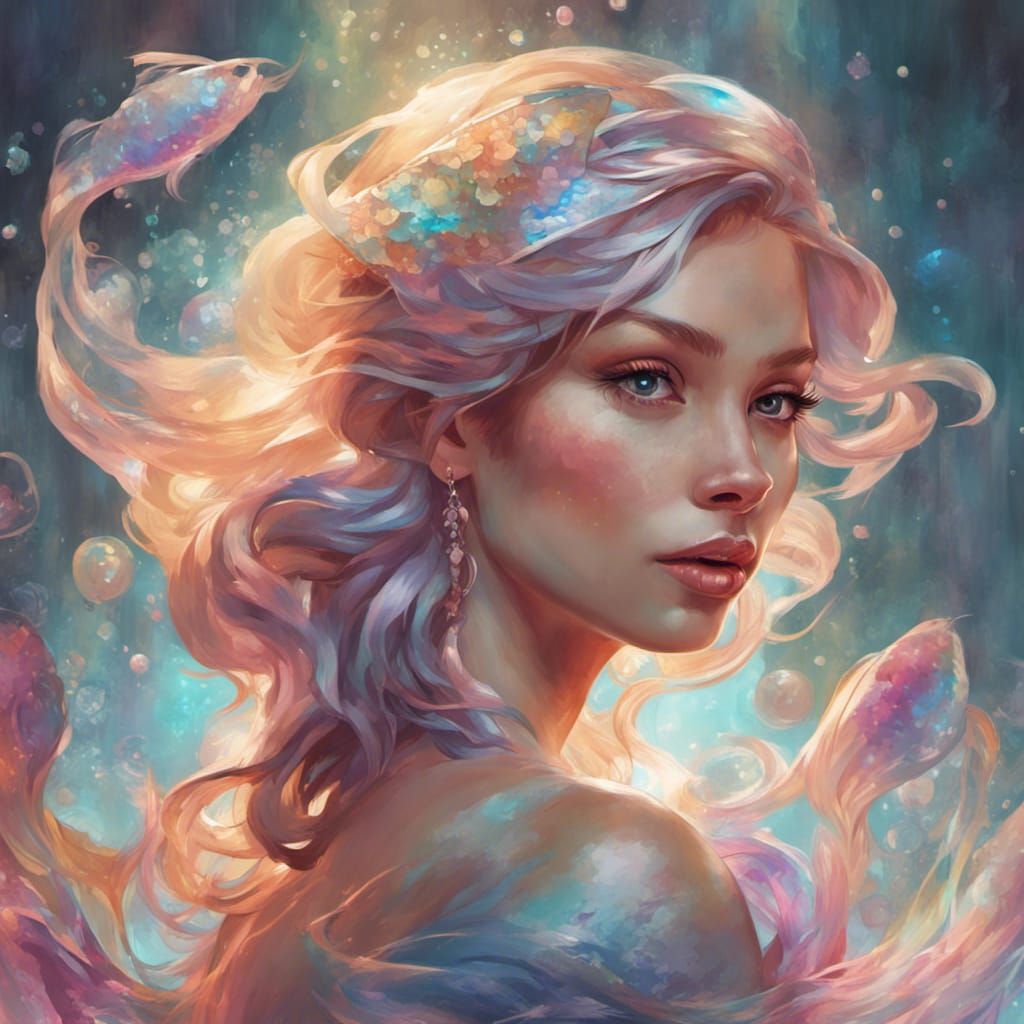 Holographic Pearl Mermaid Portrait in Art Nouveau Style