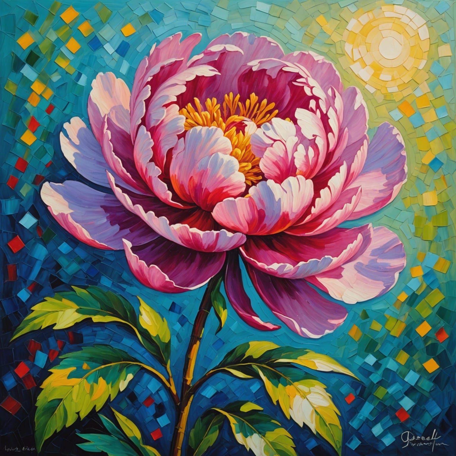 Peony Bloom: Neo-Impressionist Oil Painting