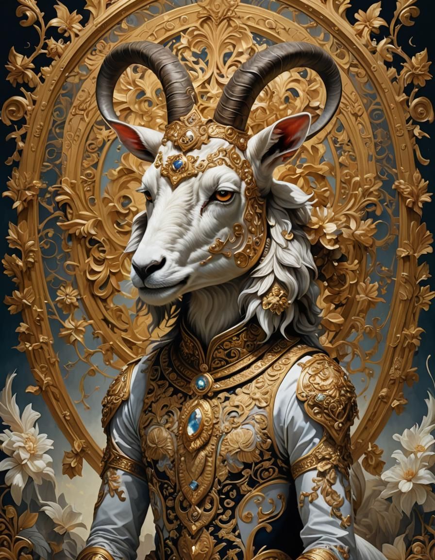 Fantastical Goat in Dystopian City, Baroque Art