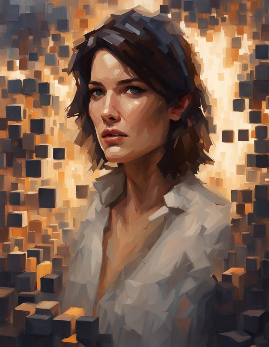 Cobie Smulders as Minecraft Cubist Oil Painting