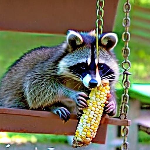 Raccoon Enjoying Corn on a Porch Swing