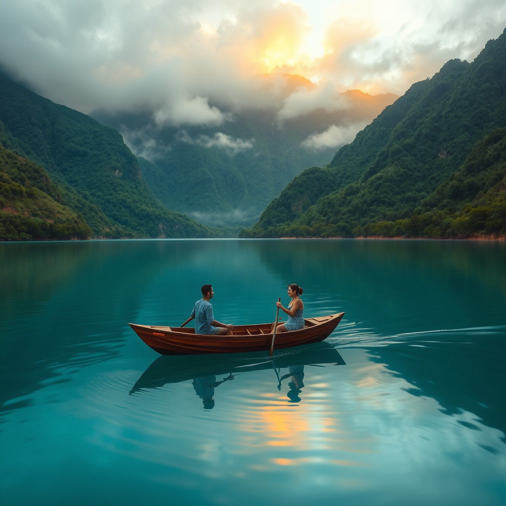 Couple Rowing on Emerald Lake at Sunrise