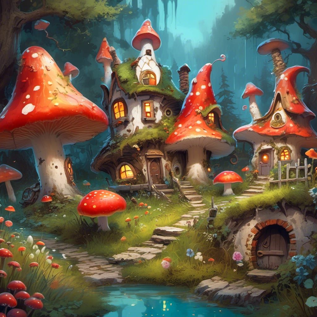 Fantasy Village of Fly Agaric Houses at Night