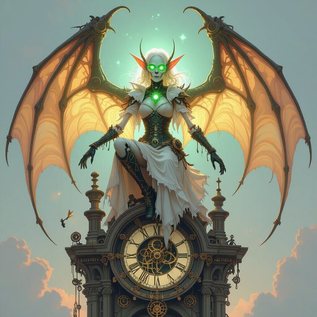Steampunk Clock Tower: Skeletal Elf Dancer with Dragon Wings
