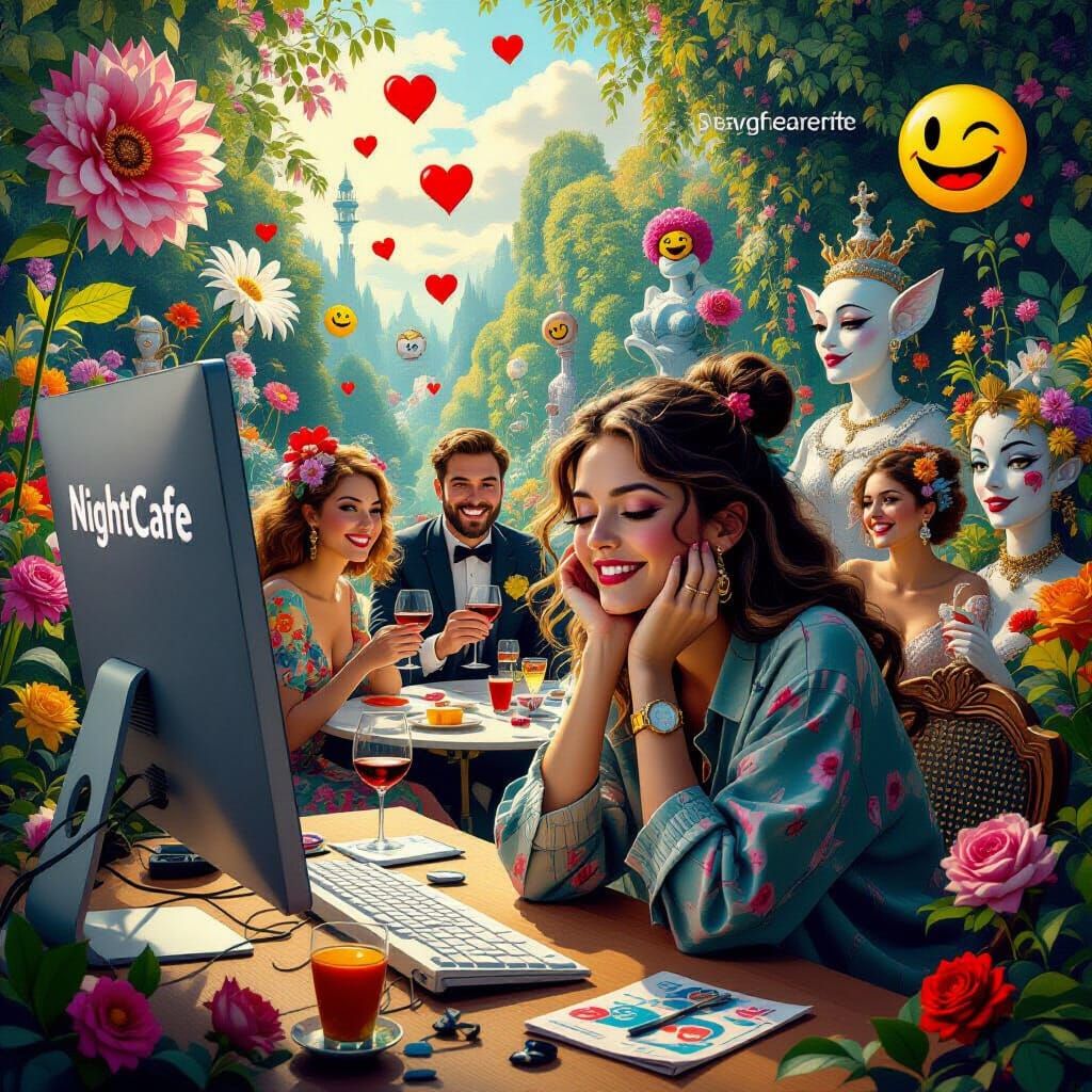 Surreal Dreamscape: Woman, Computer, and Fantasy Garden