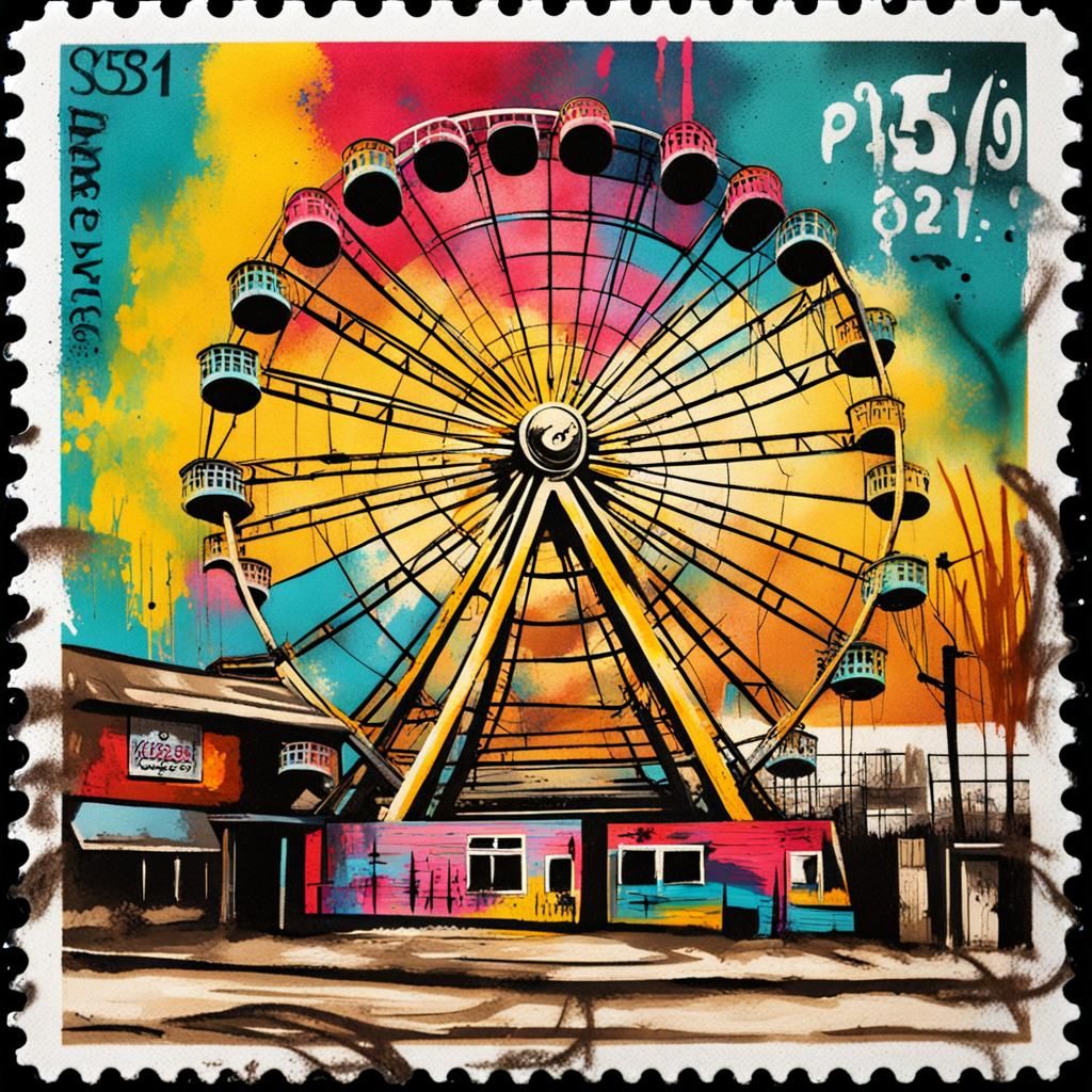 Vintage Postage Stamp of Perris Wheel in Graffiti Art