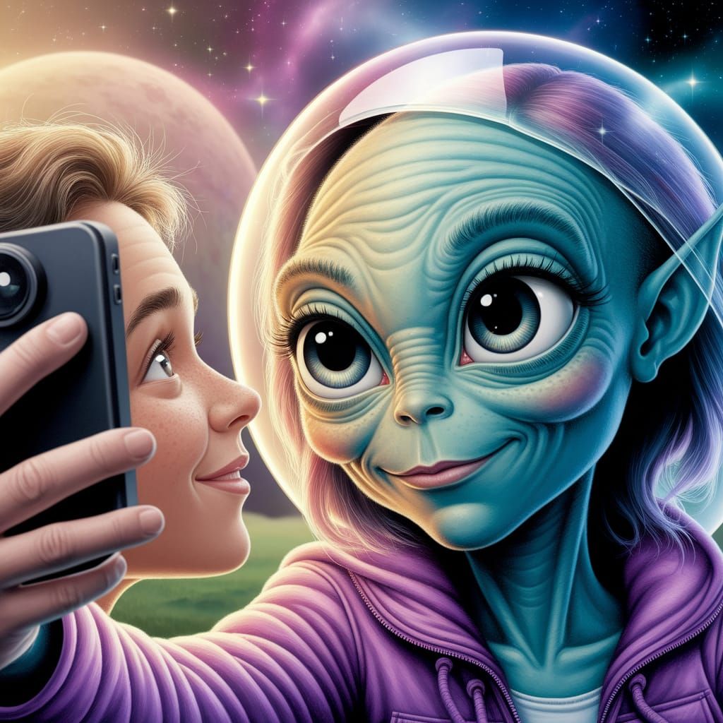 Human and Alien Selfie in Gouache Painting