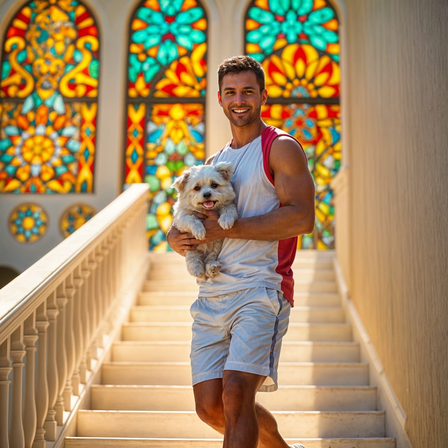 Giga Chad Walks Towards Vibrant Stained Glass Windows