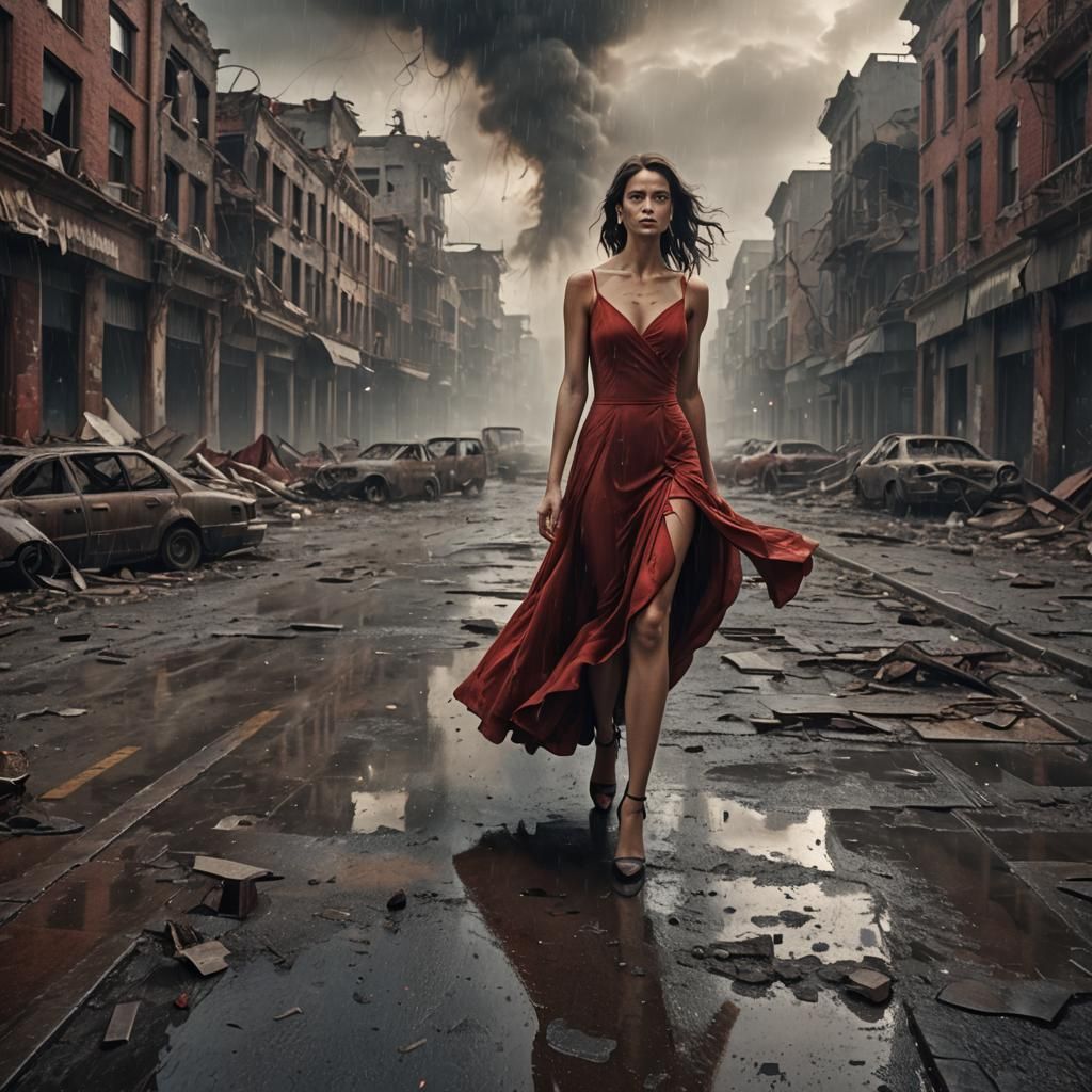 Woman in Red Dress in Apocalyptic Cityscape