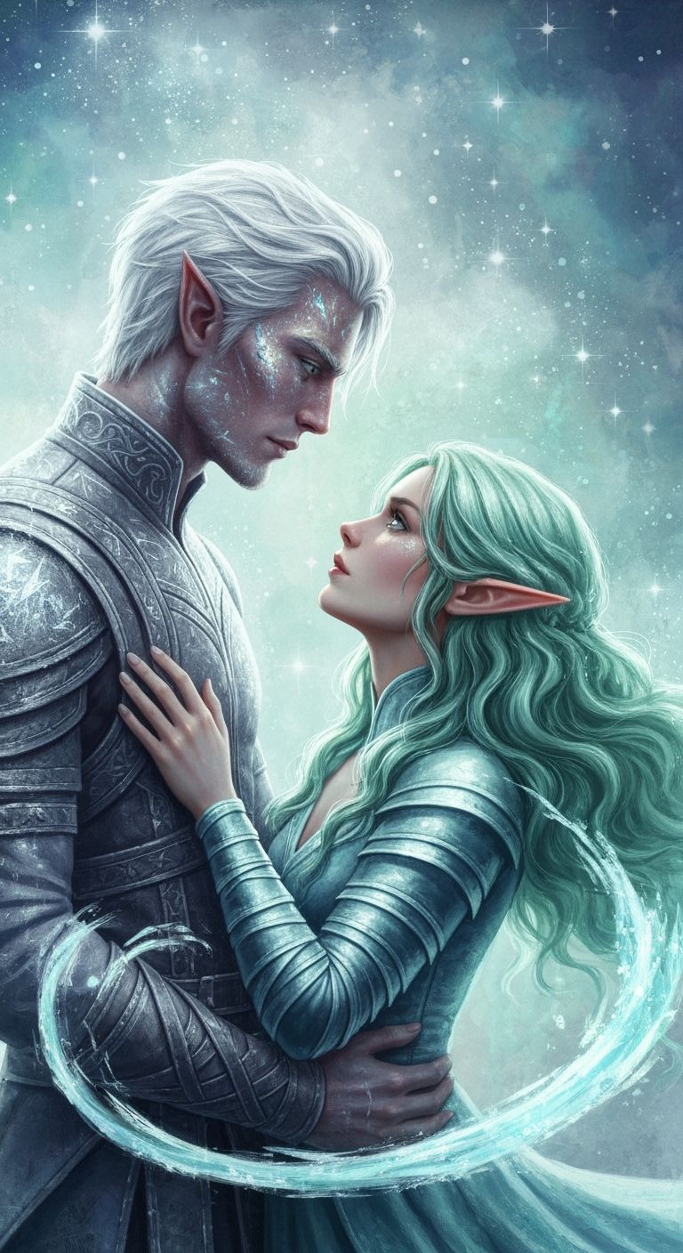 Frost-Touched Lovers in Ethereal Dreamscape, Digital Portrai...