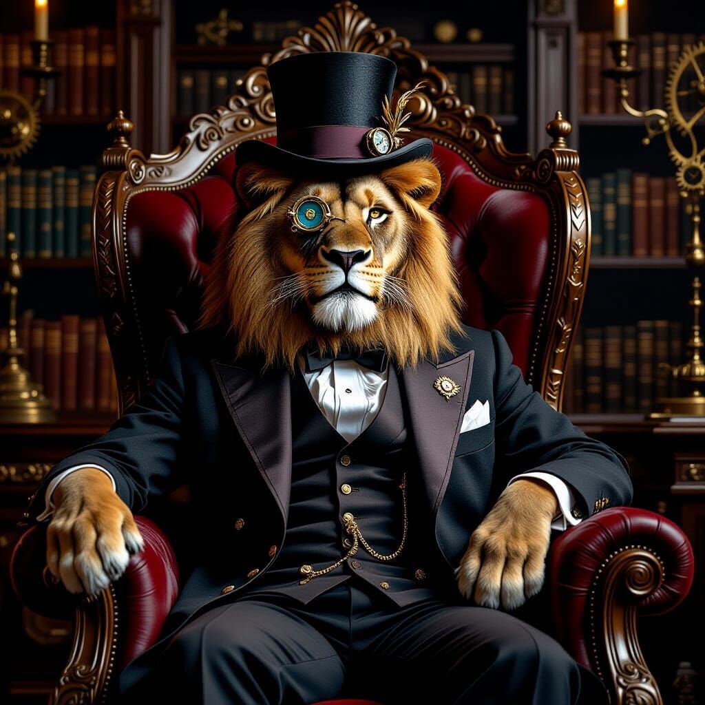 Steampunk Lion King on Velvet Throne