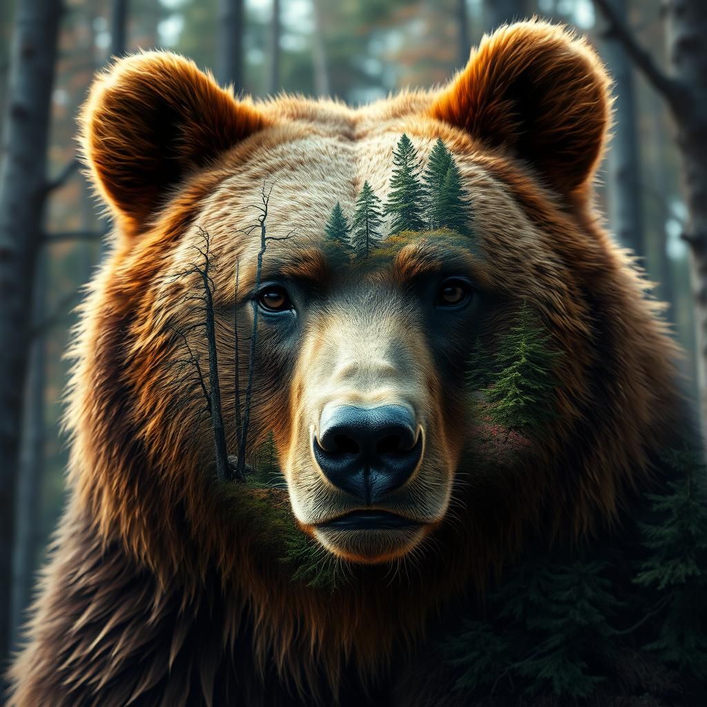 Bear Face Morphs Into Forest, Surreal Art