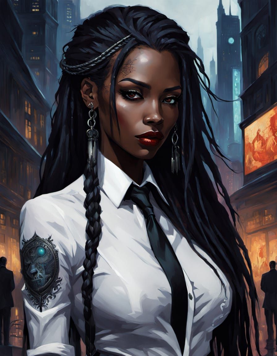 Gothic Woman in Cyberpunk City, Gouache Style