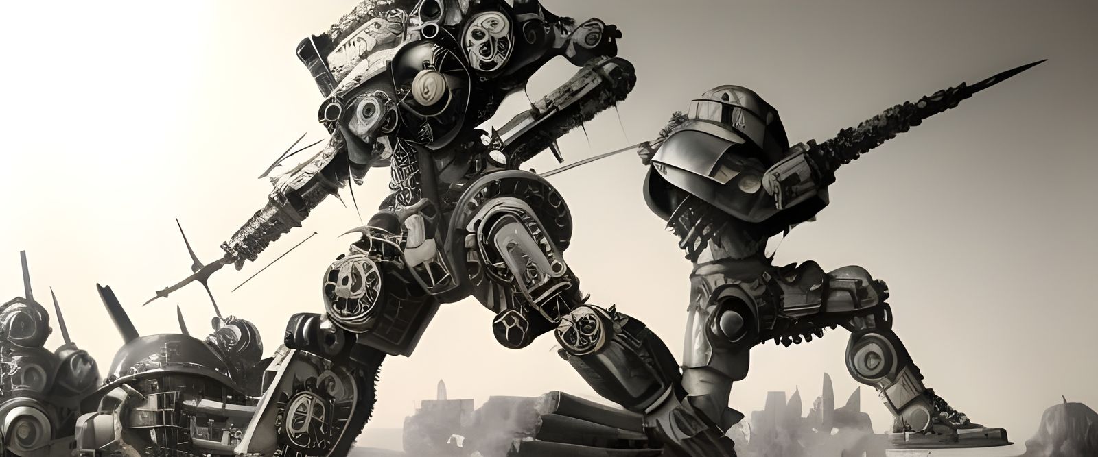 Epic Petrolpunk Steampunk Mech Battle Scene
