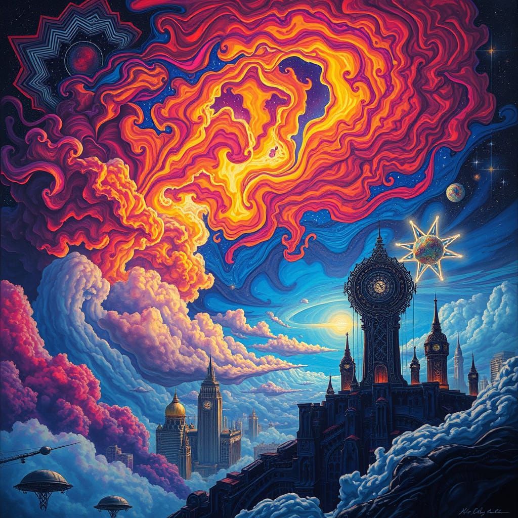 Dreamlike Cityscape with Swirling Clouds and Neon Lights