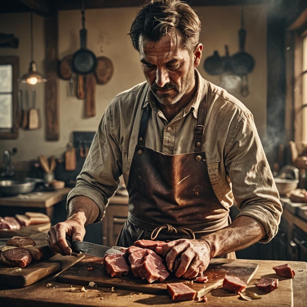 Butcher Slicing Meat in Cinematic Style