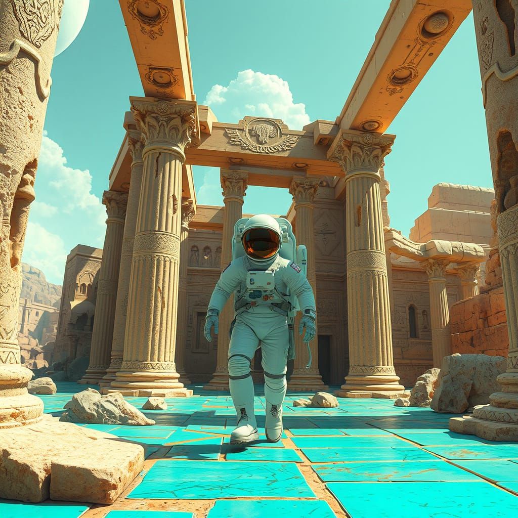 Astronaut Exploring Ancient Ruins in Retro-Futuristic Style