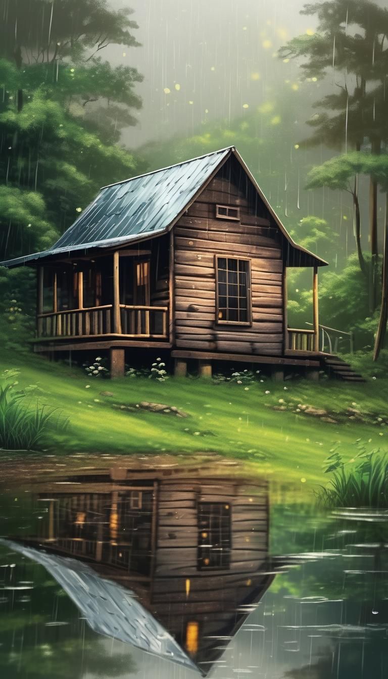 Rainy Day Cabin: Nostalgic Rustic Landscape