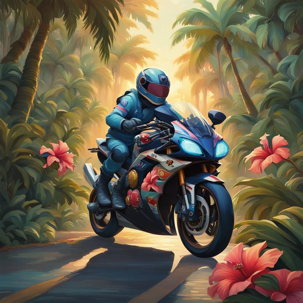 Stitch Rides Motorcycle Through Tropical Rainforest