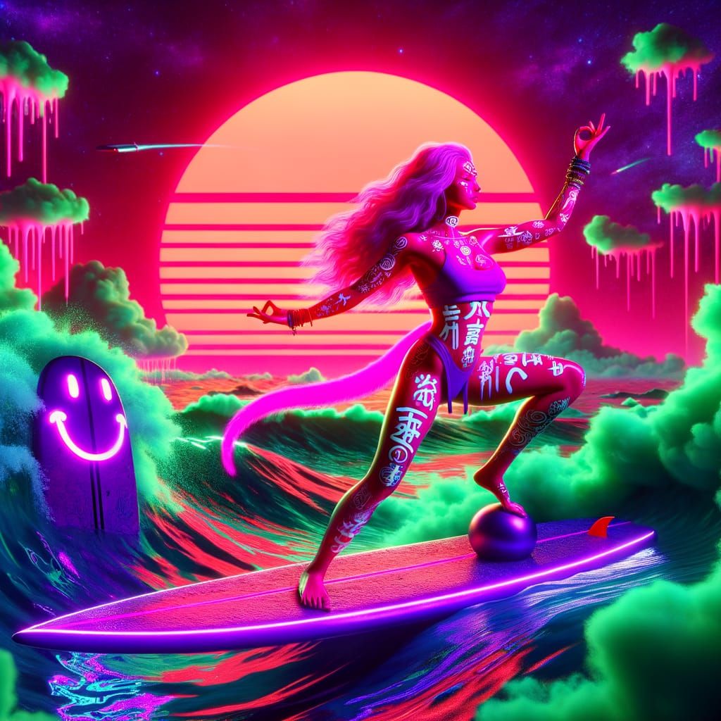 Vibrant Goddess Surfs Cosmic Waves
