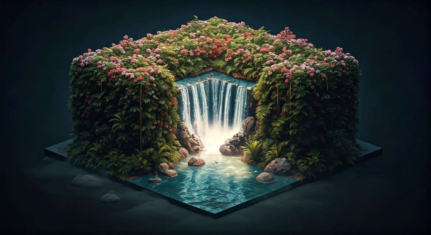 Hyper-Realistic Garden Oasis with Cosmic Reflections