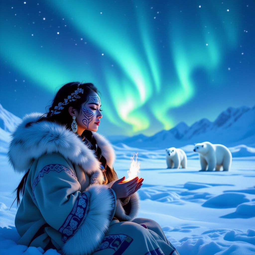 Inuit Priestess Ritual Under Aurora with Polar Bears