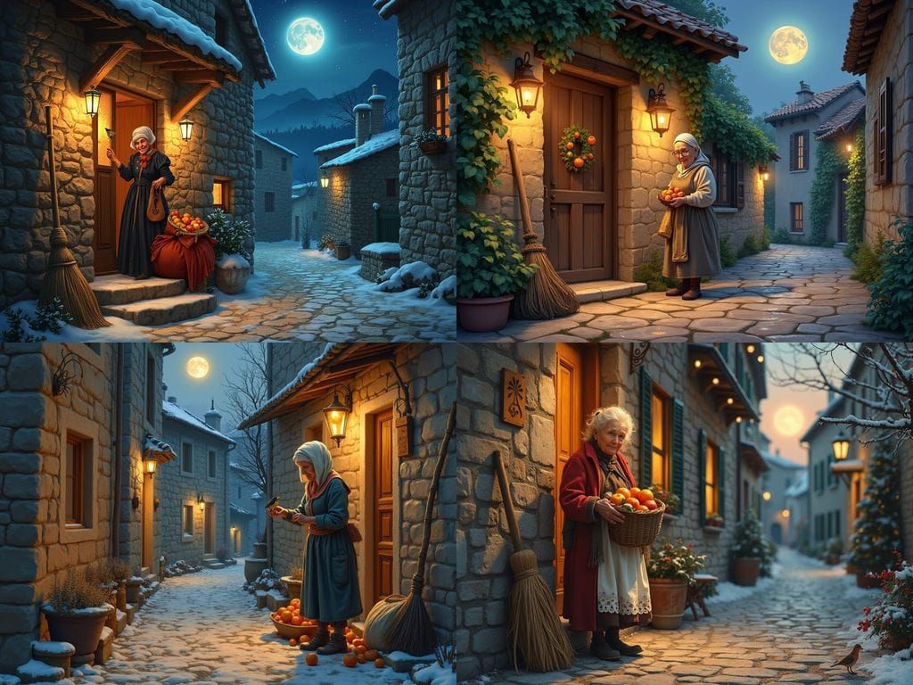 La Befana's Kindness Under Evening Moonlight