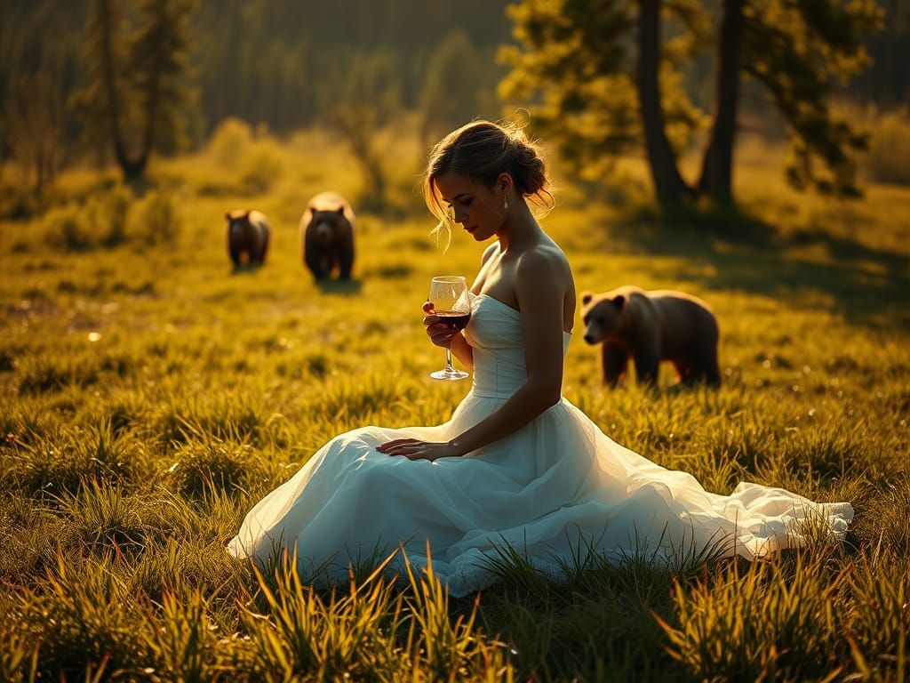 Despondent Bride Surrounded by a Bear Family in a Lush Field