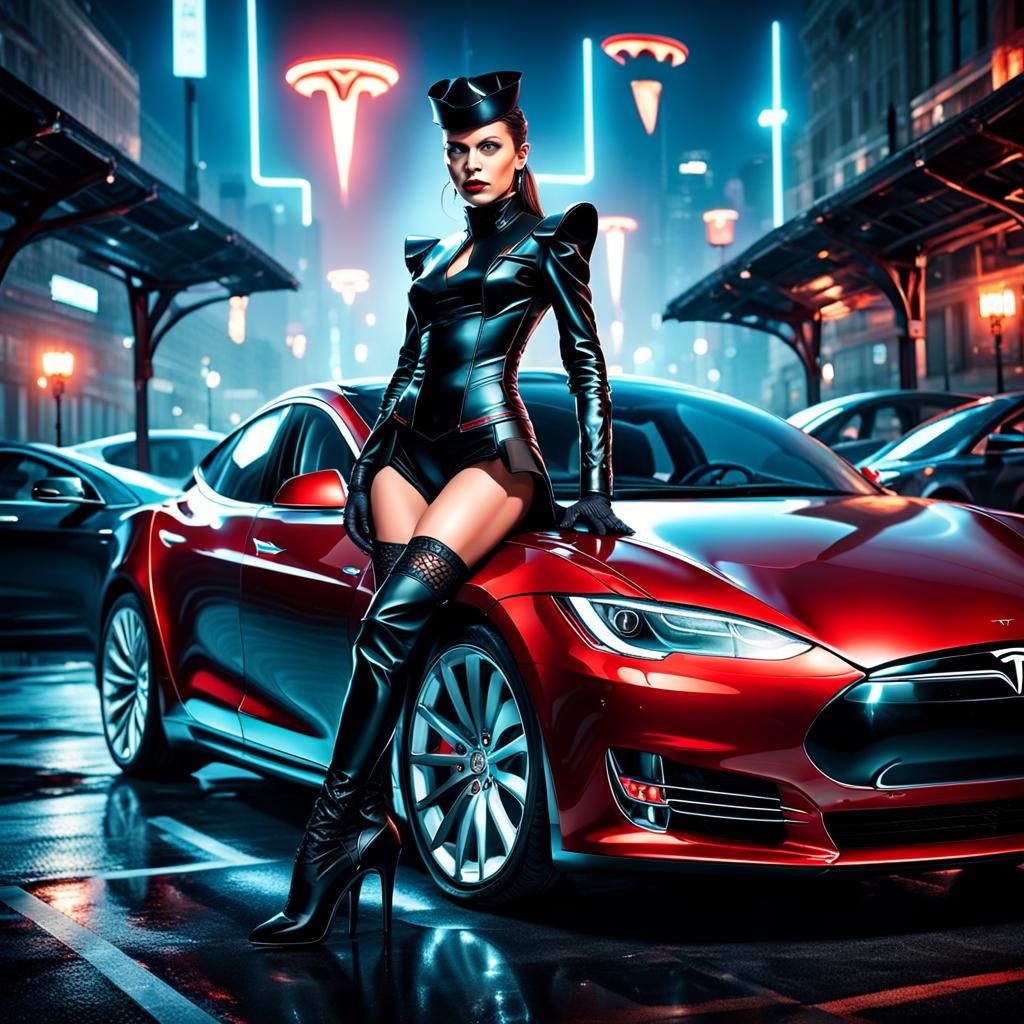 Beautiful Woman on Detailed Tesla in HDR