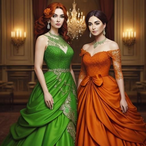Elegant Orange and Green Gown Design