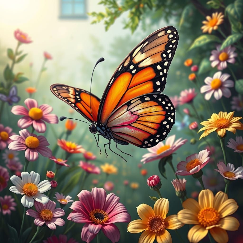 Puzzled Butterfly in Surreal Pop Art Garden