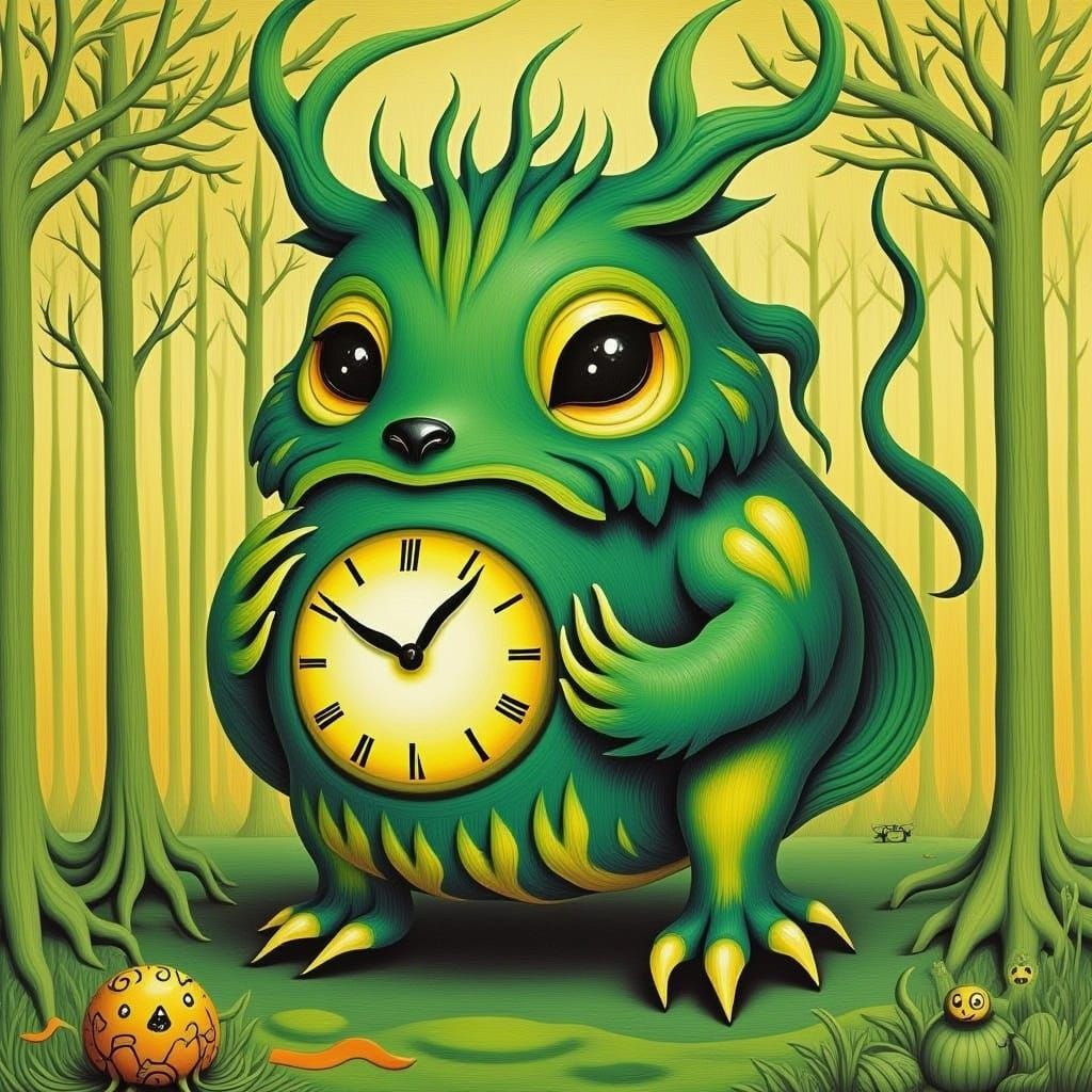 Whimsical Creature Holding a Clock in Woodcut Style