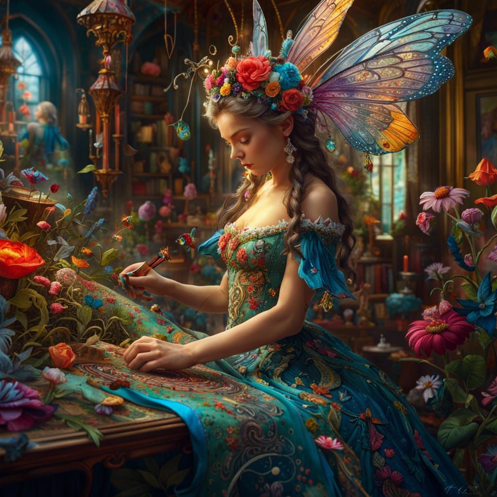 Enchanting Fairy Embroidering Flowers: Fantasycore Artwork