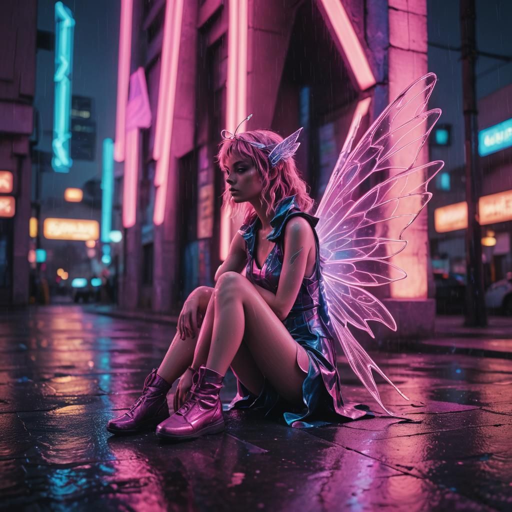 Synthwave Fairy on Building Edge in Neon City