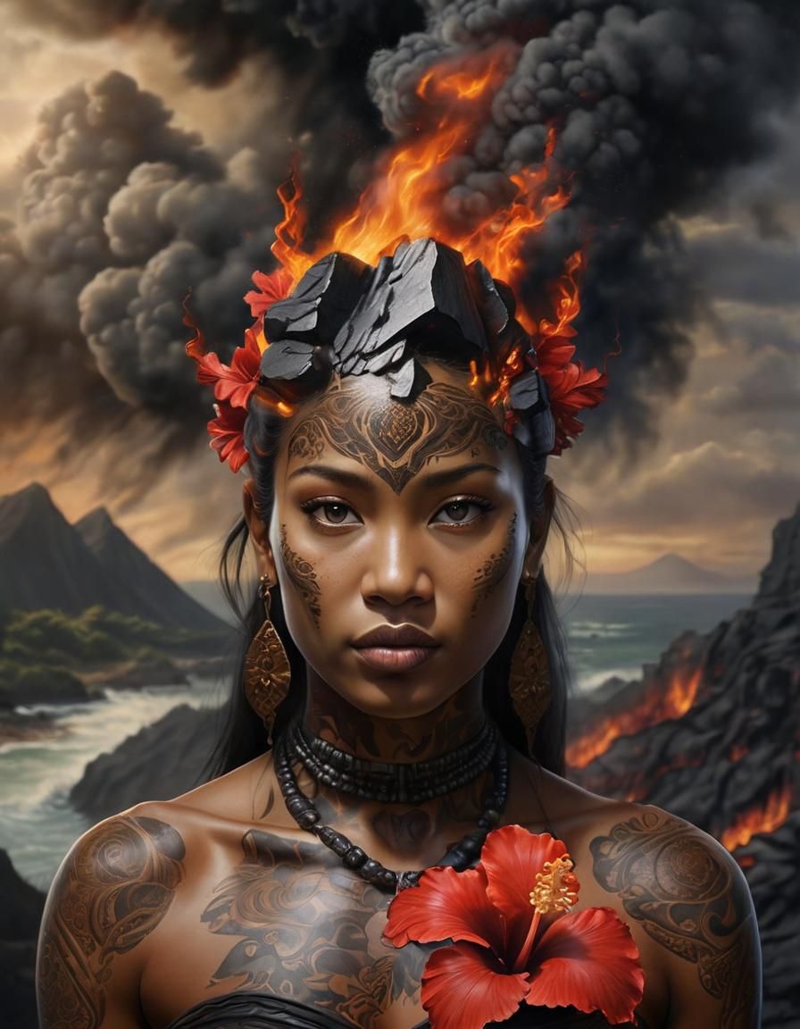 Fiery Pele Goddess Portrait with Tribal Tattoos