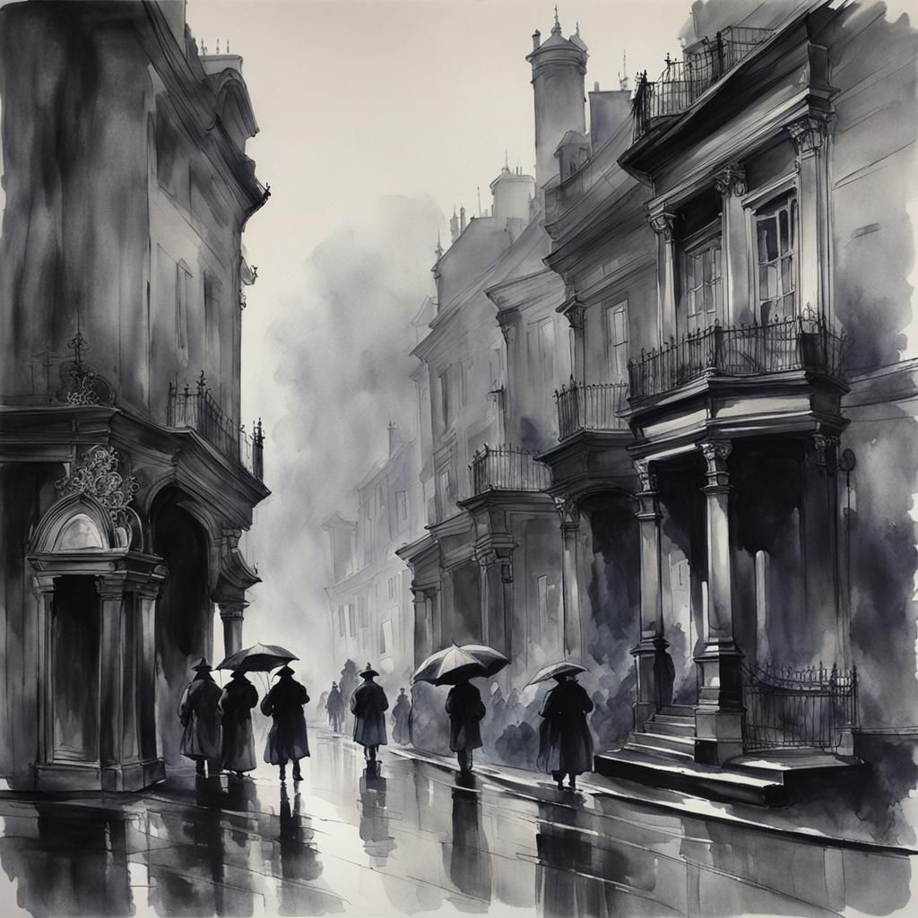 Atmospheric Foggy Street Scene in Monochromatic Grey