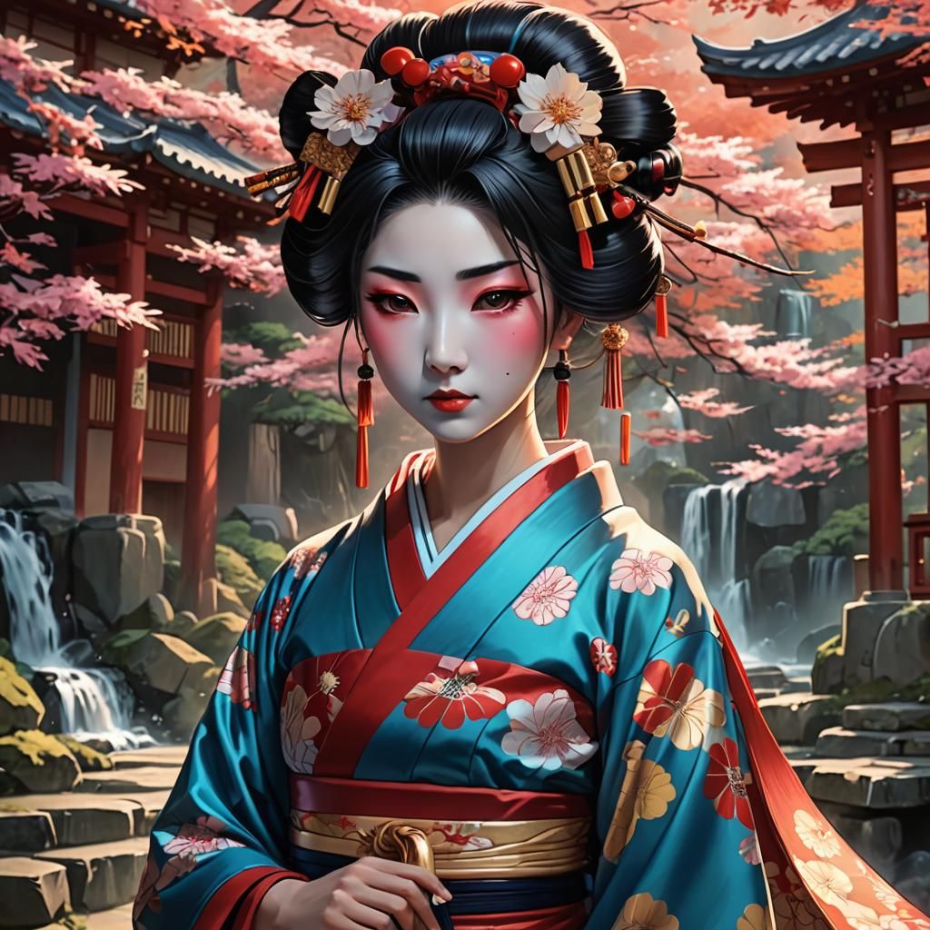 Geisha in Foreseen Falls: Anime-Style Masterpiece